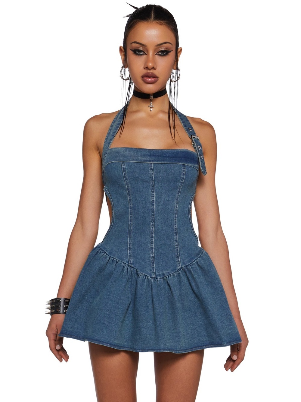 Dolls Kill New Pink Denim Halter Cutout Skater Mini Dress Medium NWOT